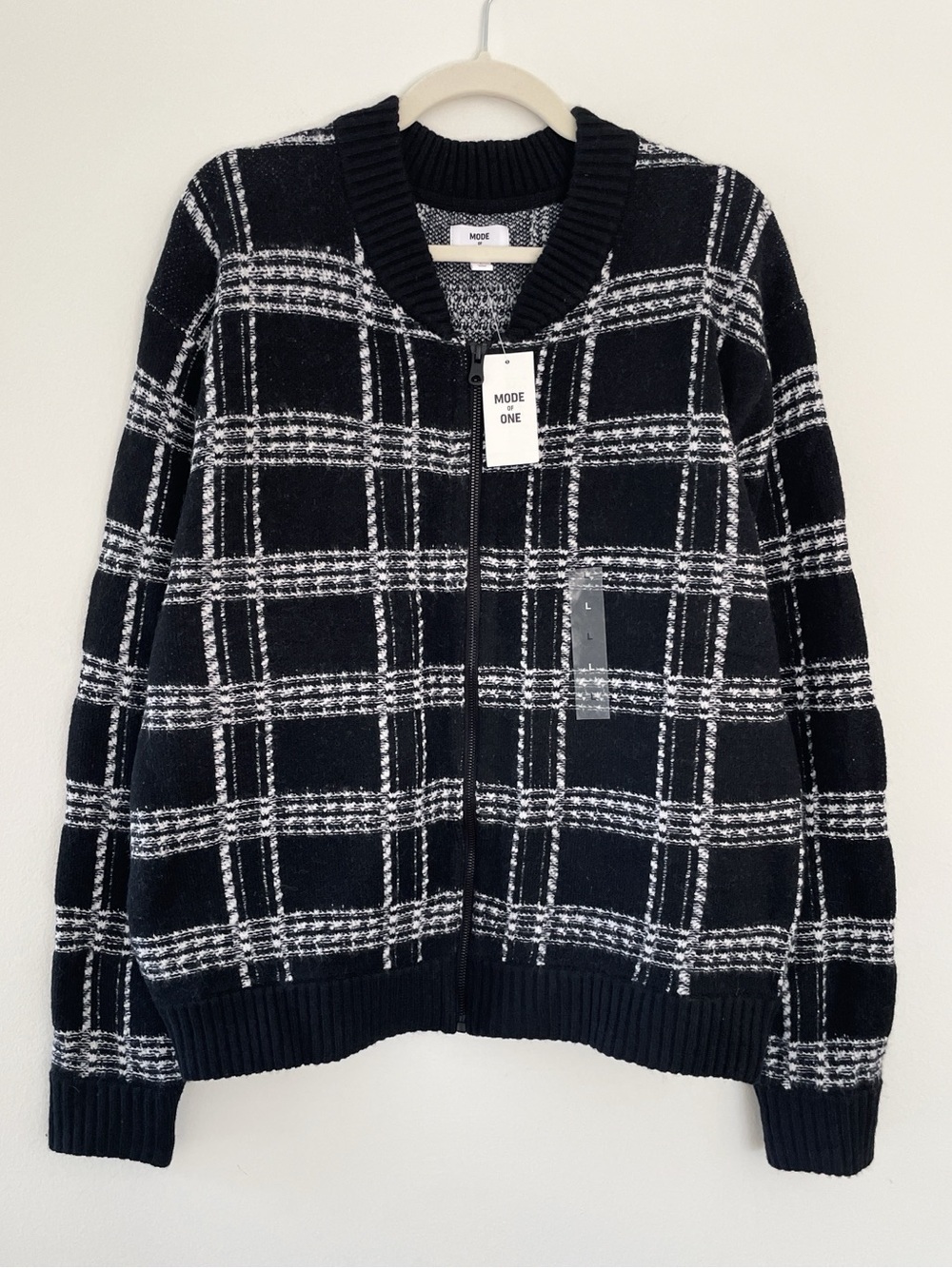 New Mode of One Men's Plaid Cardigan Sweater Zip Up Relaxed Fit Loose Knit Sz L